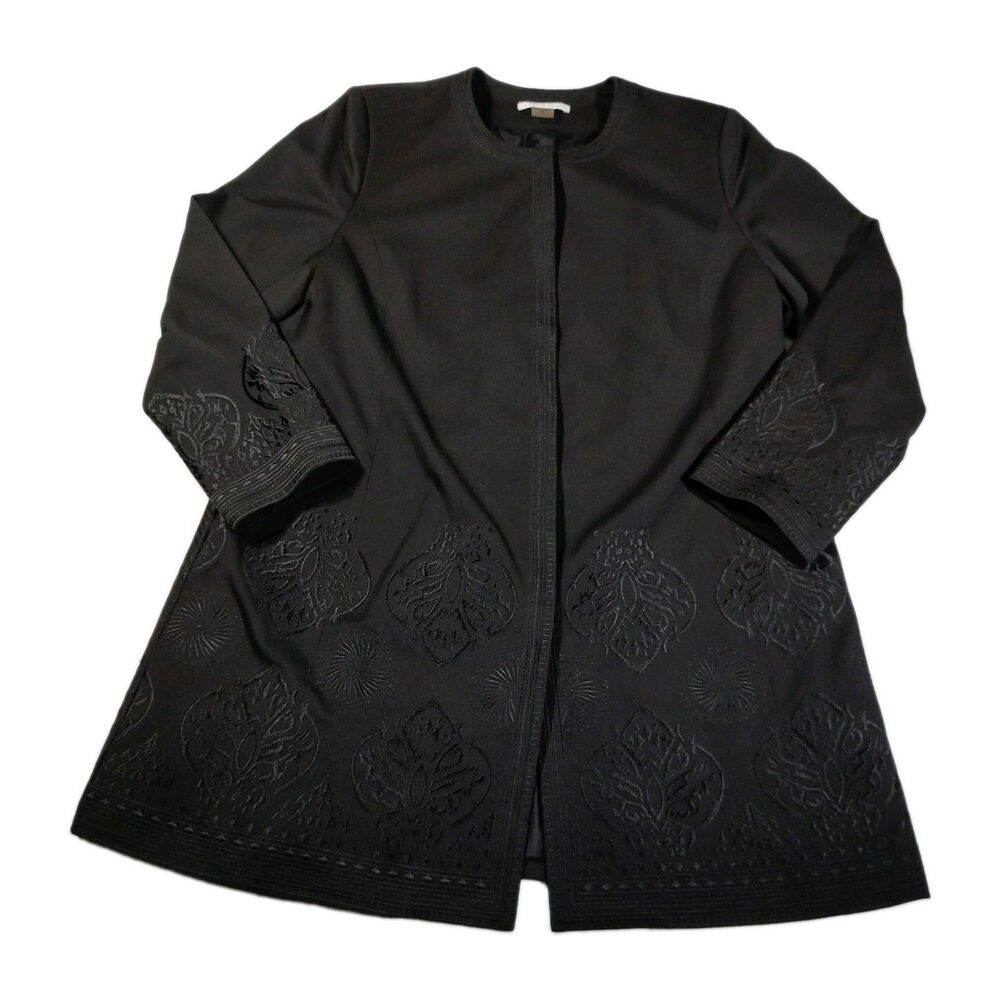 Peter Nygard Long Sleeve Coat Black Embroidered Lined Snap Up Jacket Blazer 16